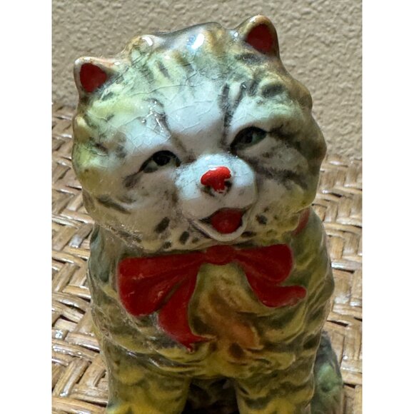Vintage Porcelain Ceramic Cat Figurine With Red Bow Stands 5" - Picture 5 of 8